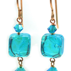 aqua transparent dichroic on gold earrings